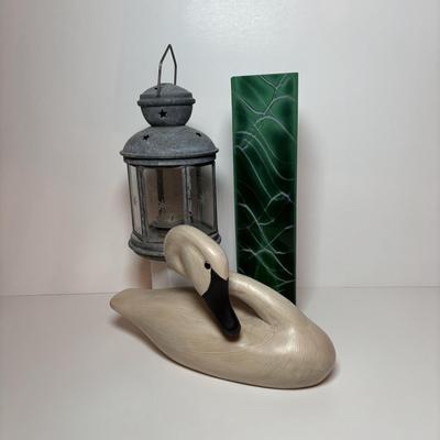 LOT 99: MCM Studio Art Glass Spaghetti String Green Artisan Vase, Wooden Resting Swan 1986 The Boyds Collection & Votive Candle Lantern
