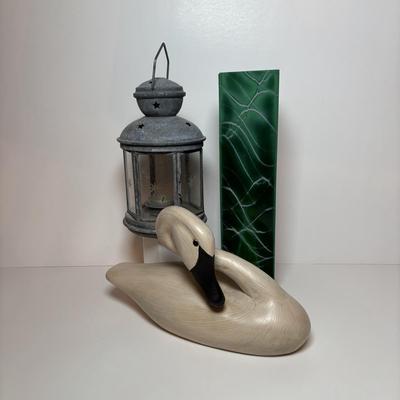 LOT 99: MCM Studio Art Glass Spaghetti String Green Artisan Vase, Wooden Resting Swan 1986 The Boyds Collection & Votive Candle Lantern