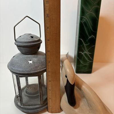 LOT 99: MCM Studio Art Glass Spaghetti String Green Artisan Vase, Wooden Resting Swan 1986 The Boyds Collection & Votive Candle Lantern