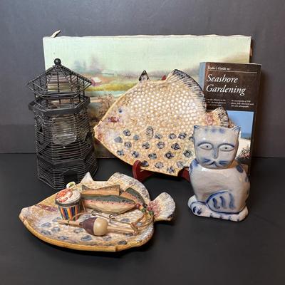 LOT 217: Boats on Dune Signed M, Weston Painting, Pottery Fish Platters, Eldreth Salt Glaze Pottery Cat