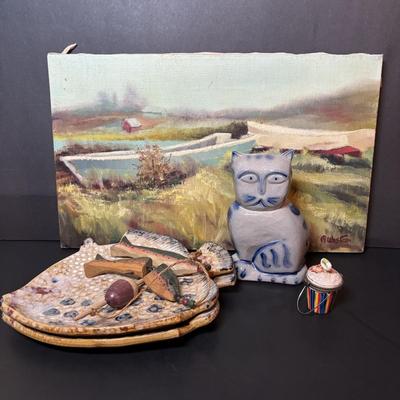 LOT 217: Boats on Dune Signed M, Weston Painting, Pottery Fish Platters, Eldreth Salt Glaze Pottery Cat