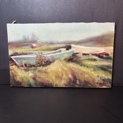 LOT 217: Boats on Dune Signed M, Weston Painting, Pottery Fish Platters, Eldreth Salt Glaze Pottery Cat