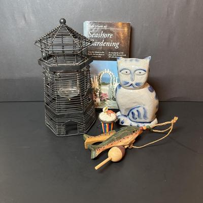 LOT 217: Boats on Dune Signed M, Weston Painting, Pottery Fish Platters, Eldreth Salt Glaze Pottery Cat