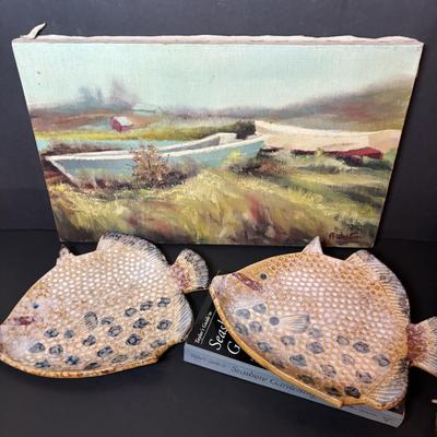 LOT 217: Boats on Dune Signed M, Weston Painting, Pottery Fish Platters, Eldreth Salt Glaze Pottery Cat