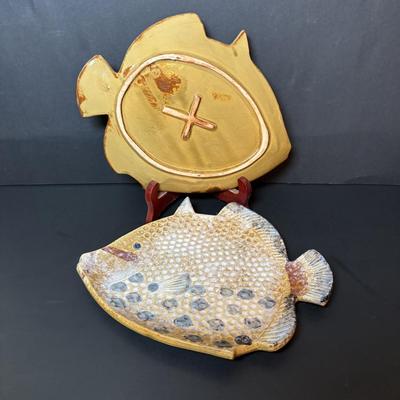 LOT 217: Boats on Dune Signed M, Weston Painting, Pottery Fish Platters, Eldreth Salt Glaze Pottery Cat