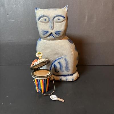 LOT 217: Boats on Dune Signed M, Weston Painting, Pottery Fish Platters, Eldreth Salt Glaze Pottery Cat