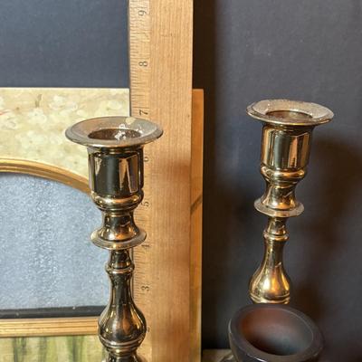 LOT 218: Iridescent Purple Bud Vase, Galle' Cameo Glass Vase, Brass Candle Sticks & Peanut Trinket Box, Iridescent Marble &...