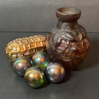 LOT 218: Iridescent Purple Bud Vase, Galle' Cameo Glass Vase, Brass Candle Sticks & Peanut Trinket Box, Iridescent Marble &...