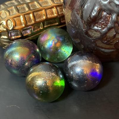 LOT 218: Iridescent Purple Bud Vase, Galle' Cameo Glass Vase, Brass Candle Sticks & Peanut Trinket Box, Iridescent Marble &...