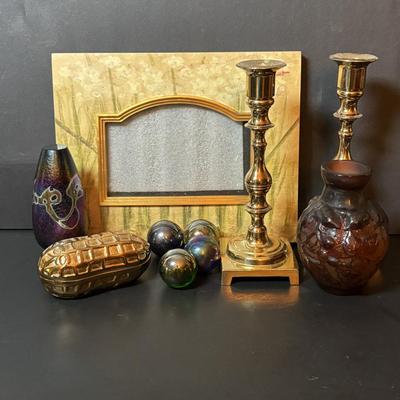 LOT 218: Iridescent Purple Bud Vase, Galle' Cameo Glass Vase, Brass Candle Sticks & Peanut Trinket Box, Iridescent Marble &...