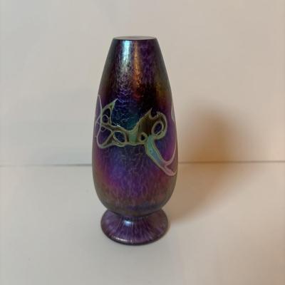 LOT 218: Iridescent Purple Bud Vase, Galle' Cameo Glass Vase, Brass Candle Sticks & Peanut Trinket Box, Iridescent Marble &...