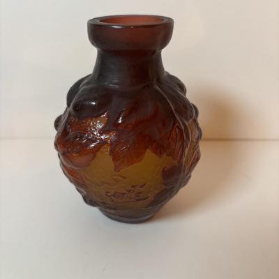 LOT 218: Iridescent Purple Bud Vase, Galle' Cameo Glass Vase, Brass Candle Sticks & Peanut Trinket Box, Iridescent Marble &...