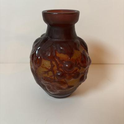 LOT 218: Iridescent Purple Bud Vase, Galle' Cameo Glass Vase, Brass Candle Sticks & Peanut Trinket Box, Iridescent Marble &...