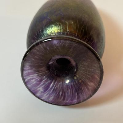LOT 218: Iridescent Purple Bud Vase, Galle' Cameo Glass Vase, Brass Candle Sticks & Peanut Trinket Box, Iridescent Marble &...
