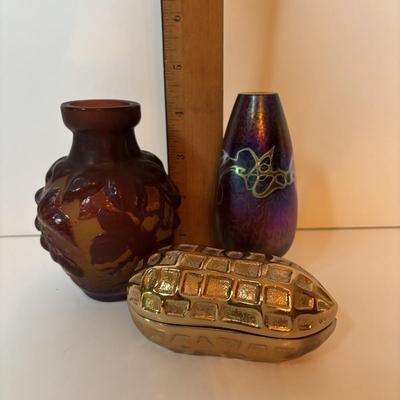 LOT 218: Iridescent Purple Bud Vase, Galle' Cameo Glass Vase, Brass Candle Sticks & Peanut Trinket Box, Iridescent Marble &...