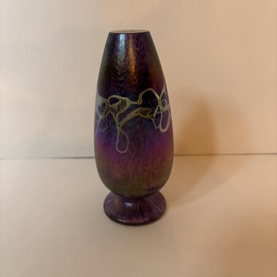 LOT 218: Iridescent Purple Bud Vase, Galle' Cameo Glass Vase, Brass Candle Sticks & Peanut Trinket Box, Iridescent Marble &...