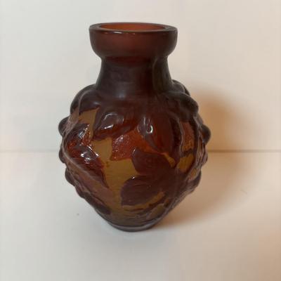 LOT 218: Iridescent Purple Bud Vase, Galle' Cameo Glass Vase, Brass Candle Sticks & Peanut Trinket Box, Iridescent Marble &...