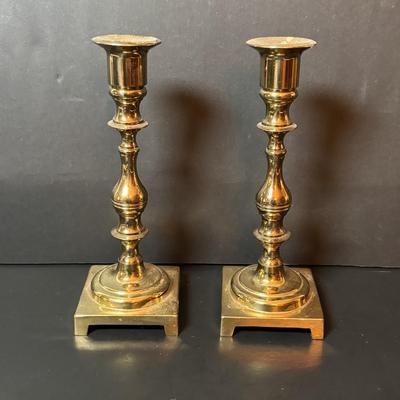 LOT 218: Iridescent Purple Bud Vase, Galle' Cameo Glass Vase, Brass Candle Sticks & Peanut Trinket Box, Iridescent Marble &...