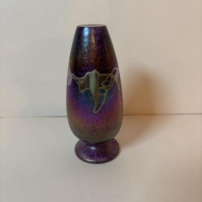 LOT 218: Iridescent Purple Bud Vase, Galle' Cameo Glass Vase, Brass Candle Sticks & Peanut Trinket Box, Iridescent Marble &...
