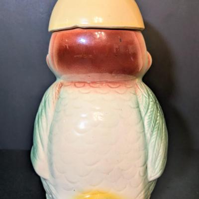 LOT 114: Vintage Bisque Bird/Chick with Storybook Cookie Jar