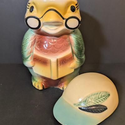 LOT 114: Vintage Bisque Bird/Chick with Storybook Cookie Jar