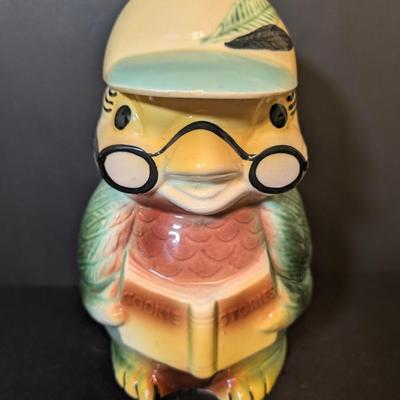 LOT 114: Vintage Bisque Bird/Chick with Storybook Cookie Jar