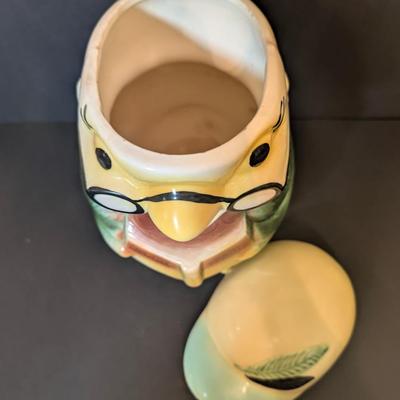 LOT 114: Vintage Bisque Bird/Chick with Storybook Cookie Jar