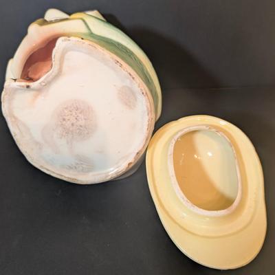 LOT 114: Vintage Bisque Bird/Chick with Storybook Cookie Jar