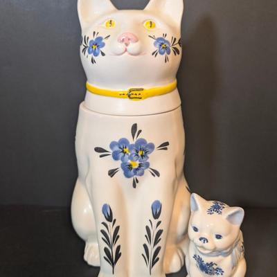 LOT 118: Neiman-Marcaus Blue Floral Cat Cookie Jar and Kitten Creamer