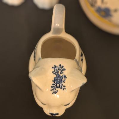 LOT 118: Neiman-Marcaus Blue Floral Cat Cookie Jar and Kitten Creamer