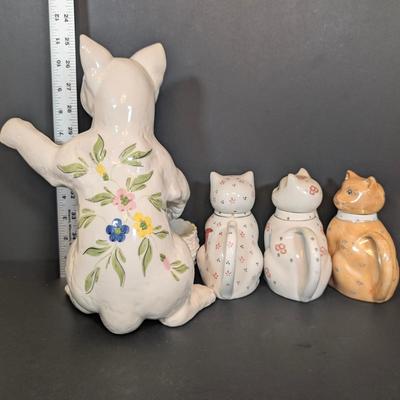 LOT 123: Zanolli Hand Painted Cat Planter along with Three Kitten Teapots