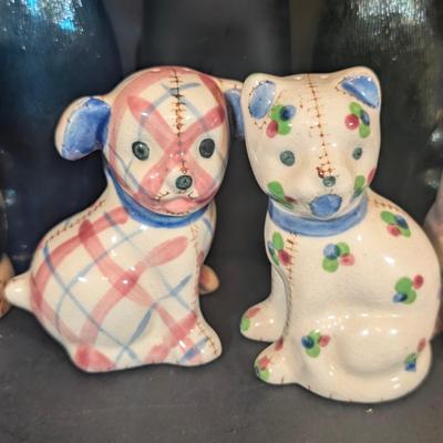 LOT 124: Collection of Salt/Pepper Shakers, Colbalt Blue & Olive Green Bottles, Hand Painted Cat Blocks