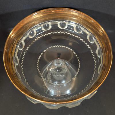 LOT 125: Indiana Glass Thumbprint Style Compote w/Gold Trim, Goebel Bells, Ansley Bells & More