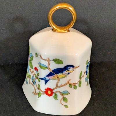 LOT 125: Indiana Glass Thumbprint Style Compote w/Gold Trim, Goebel Bells, Ansley Bells & More