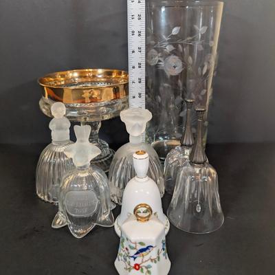 LOT 125: Indiana Glass Thumbprint Style Compote w/Gold Trim, Goebel Bells, Ansley Bells & More