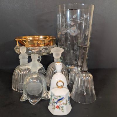 LOT 125: Indiana Glass Thumbprint Style Compote w/Gold Trim, Goebel Bells, Ansley Bells & More