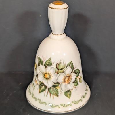 LOT 125: Indiana Glass Thumbprint Style Compote w/Gold Trim, Goebel Bells, Ansley Bells & More