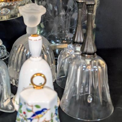 LOT 125: Indiana Glass Thumbprint Style Compote w/Gold Trim, Goebel Bells, Ansley Bells & More