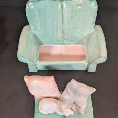 LOT 130K: Vintage Salt & Pepper Shakers, Flavia Dream Couch w/Cat Trinket Box & More