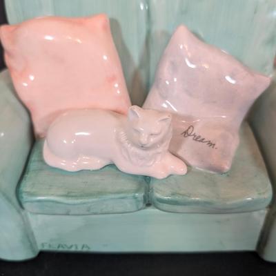 LOT 130K: Vintage Salt & Pepper Shakers, Flavia Dream Couch w/Cat Trinket Box & More