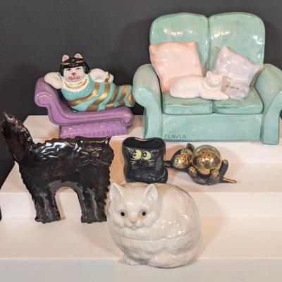 LOT 130K: Vintage Salt & Pepper Shakers, Flavia Dream Couch w/Cat Trinket Box & More