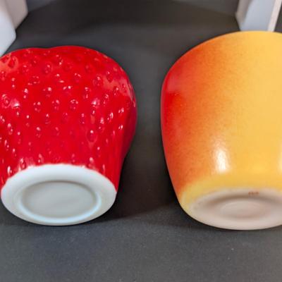 LOT 133: Vintage Hazel Atlas Strawberry & Apple Shaped Lidded Jam Jars, Rare MC Turnip Salt & Pepper Shakers, Plus Corn &...