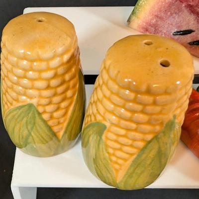 LOT 133: Vintage Hazel Atlas Strawberry & Apple Shaped Lidded Jam Jars, Rare MC Turnip Salt & Pepper Shakers, Plus Corn &...