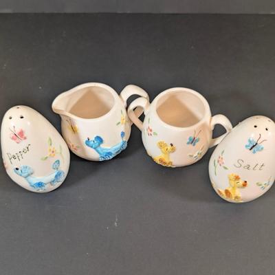 LOT 135: Vintage Enesco Poodle Dog & Butterfly Salt/Pepper, Creamer/Sugar Set,