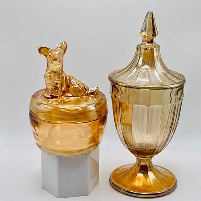 LOT 163: Vintage Jeanette Scottie Dog Marigold Glass Trinket Box/ Candy Dish and Lid Candy Dish/Jar