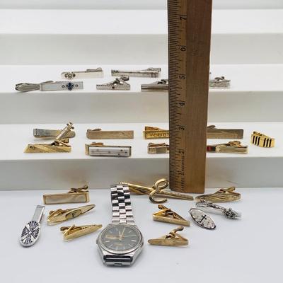 LOT 164: Large Assortment of Vintage Tie Bars and a Seiko Watch