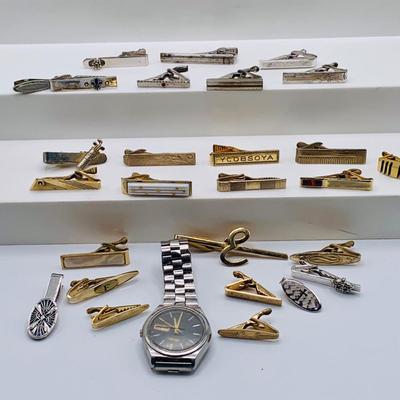 LOT 164: Large Assortment of Vintage Tie Bars and a Seiko Watch