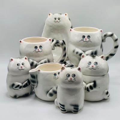 LOT 168: Adorable Lefton Kitty Cat Serving Set Including Two (2) Mugs, Salt and Pepper Shakers, Creamer and Sugar Bowl and Spoon Rest