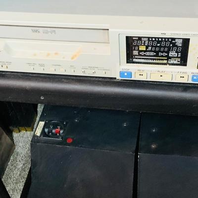 LOT:173: Large Media Cart with Klipsch and Other Speakers, Tascam Model 112R Cassette Player/Recorder Sony VHS Player/Recorder
