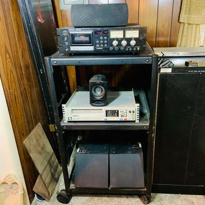 LOT:173: Large Media Cart with Klipsch and Other Speakers, Tascam Model 112R Cassette Player/Recorder Sony VHS Player/Recorder